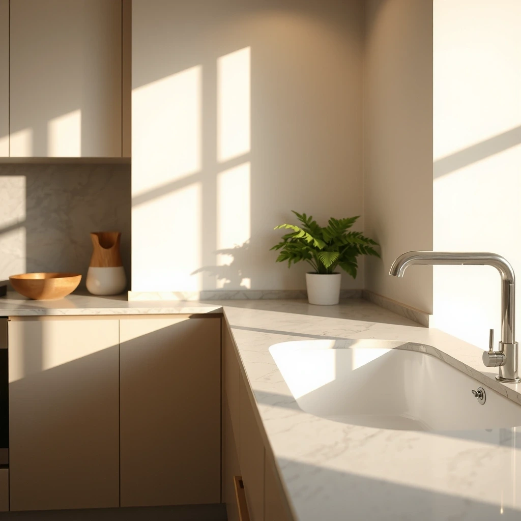 Sunlit pristine kitchen counter